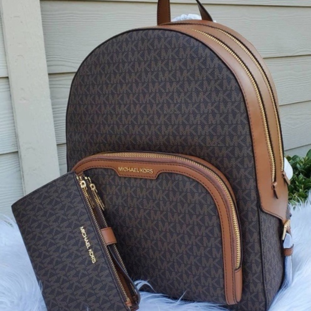Michael Kors Jaycee Large Backpack + Wallet Set In Brown Signature NEW
